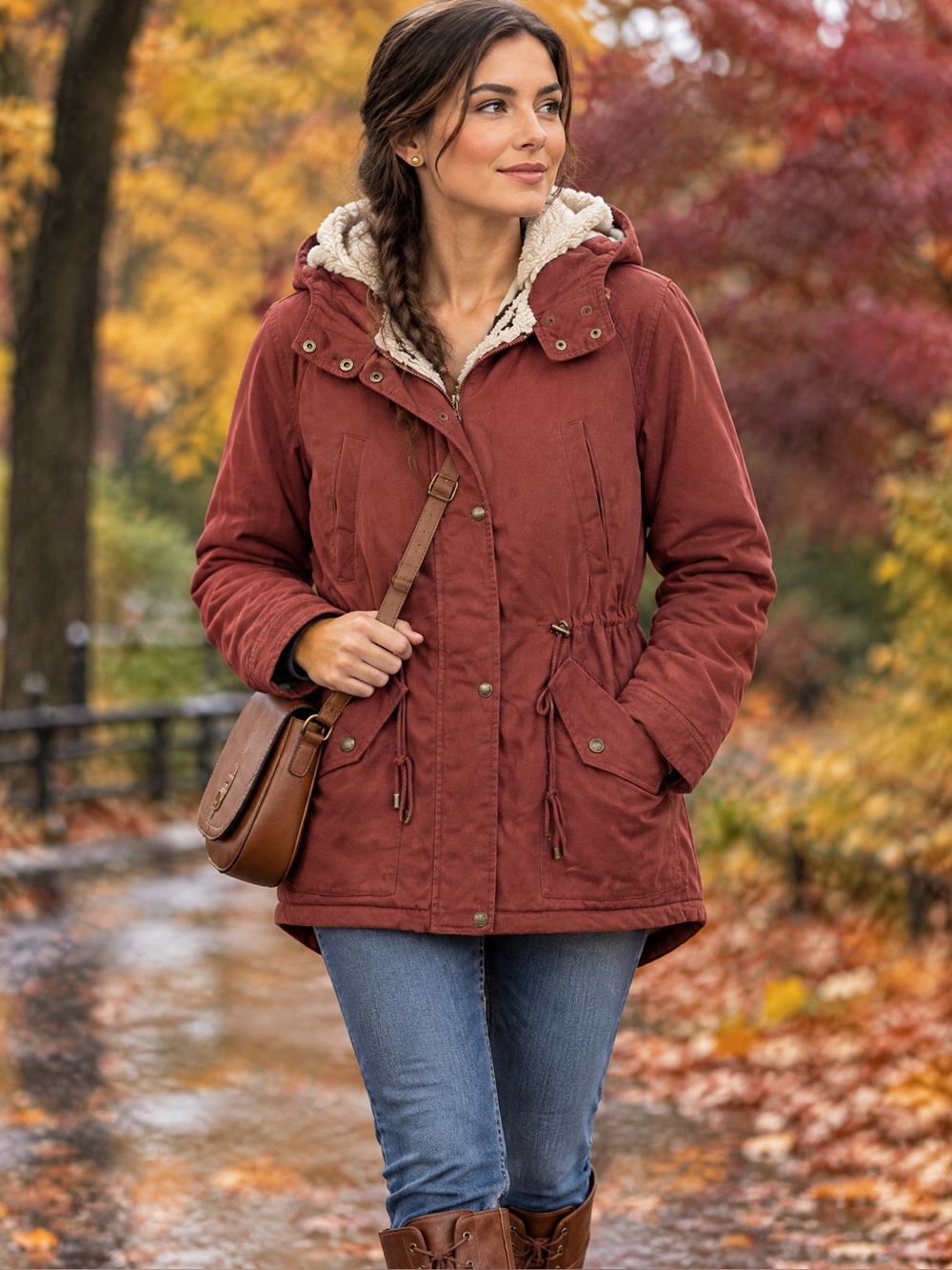 COLLECTION B Women’s medium Anorak hooded sherpa trim brick red jacket NWOT